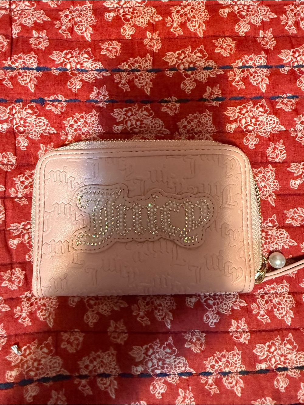 Juicy Couture Light Pink Embossed Zip Wallet with Crystal Logo